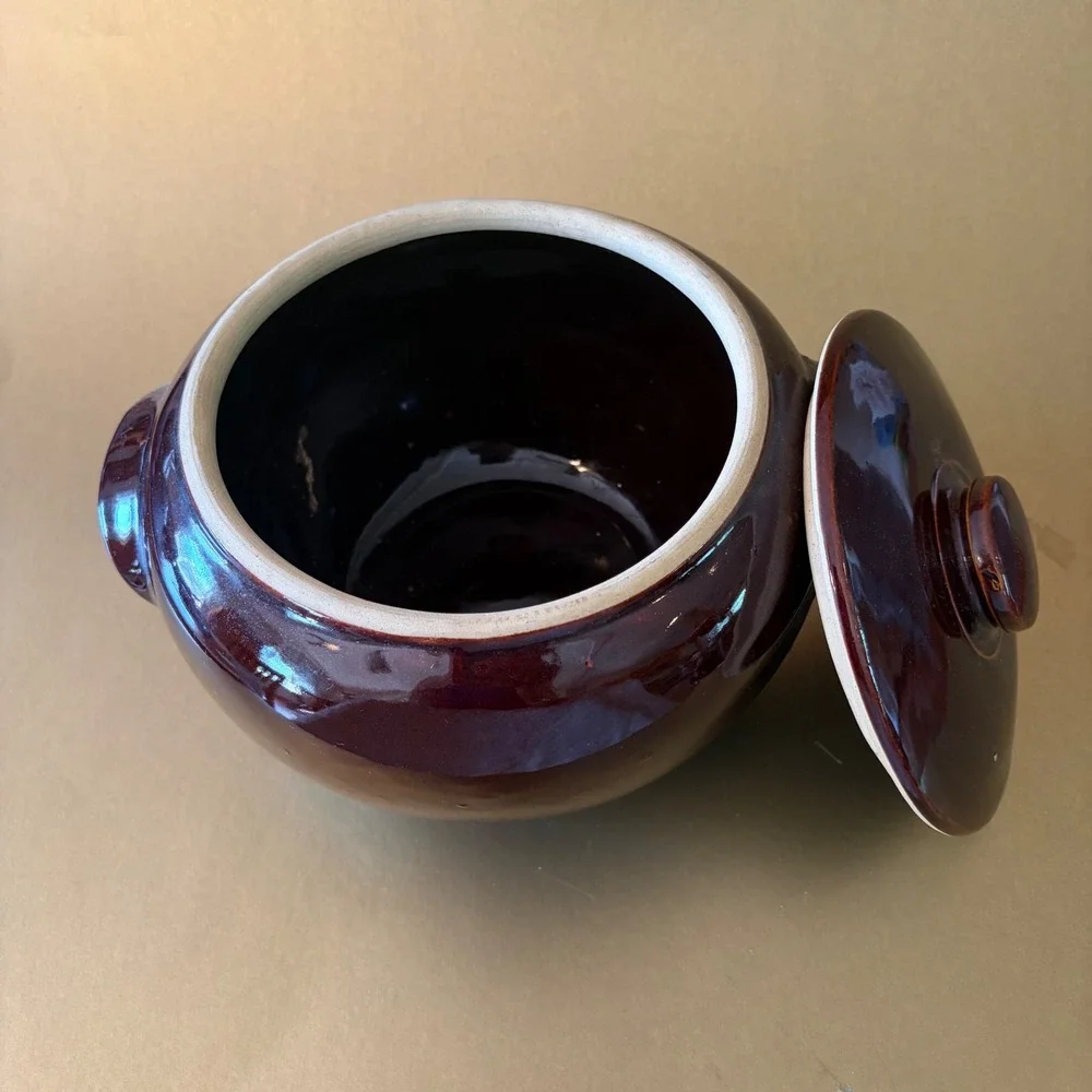 Vintage USA Pottery Brown Glazed Bean Pot with Lid Stoneware Casserole Dish 8in